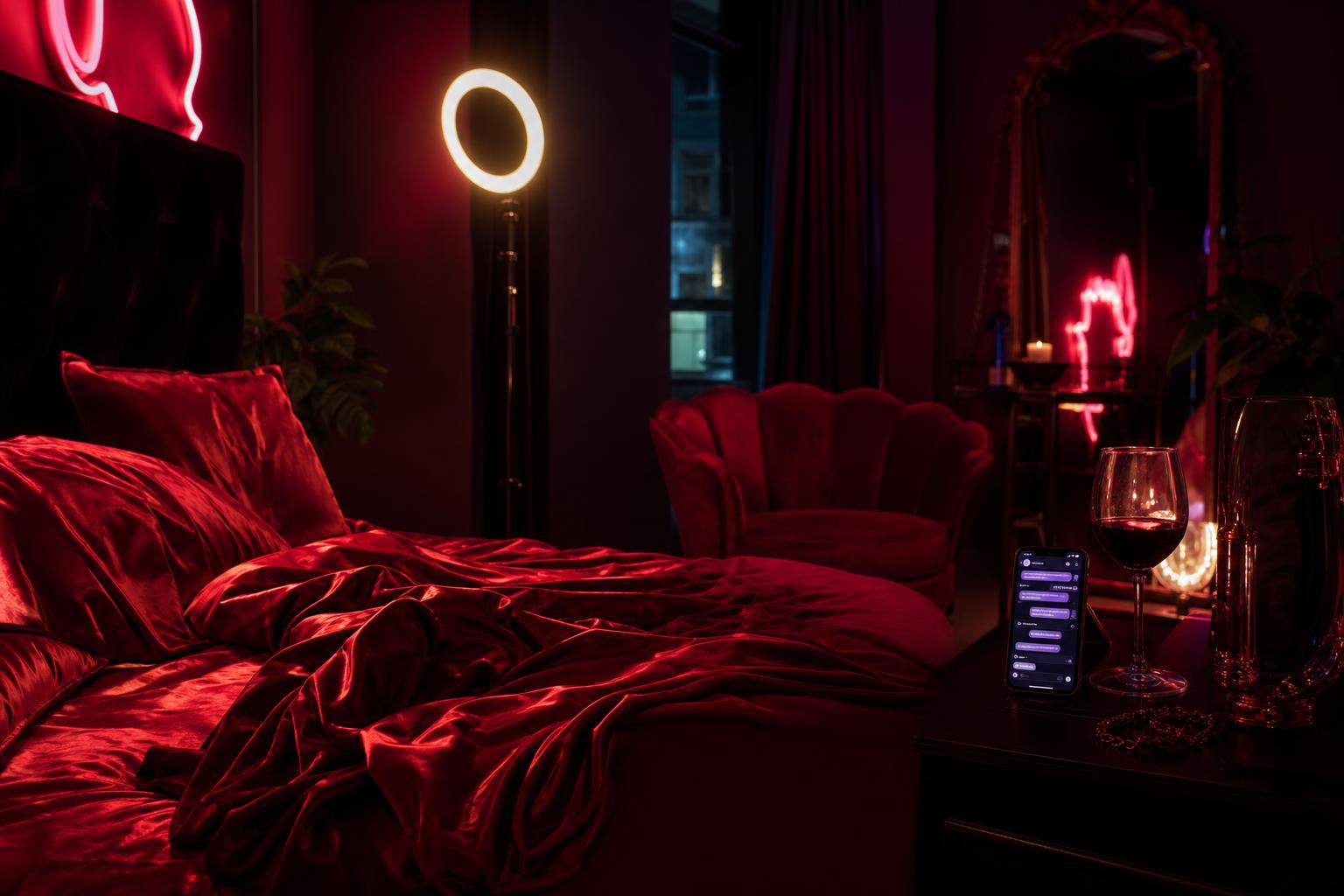 Modèle devant une webcam, ambiance studio rouge